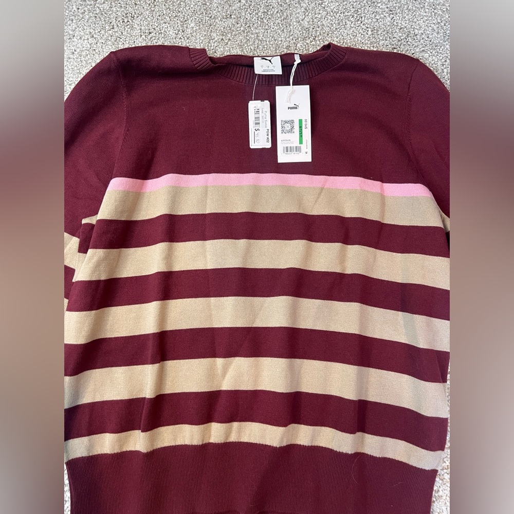 NEW! Puma Burgundy and Beige Striped Sweater